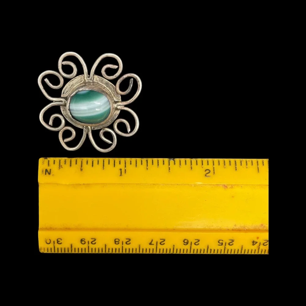 Vintage Floral Brooch‎ with Green Banded Stone, Flower Pin Costume Jewelry